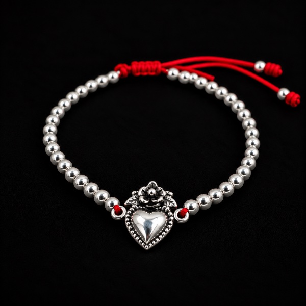 Pulsera Hilo Corazón con Flor Perlas Plata